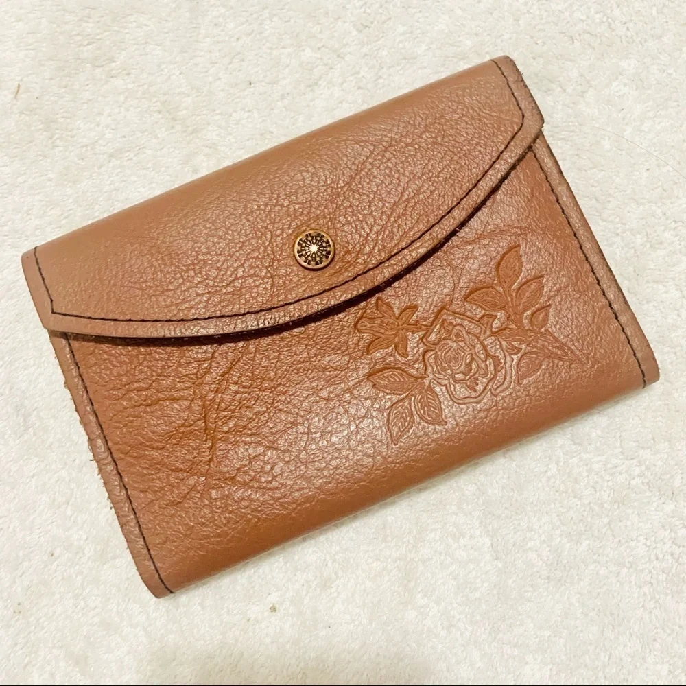 VTG Genuine brown leather trifold long wallets rose engraved